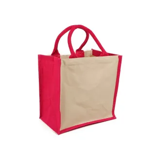 Sac en jute bicolore avec devant en toile et poignées en coton pour broderie Fucsia