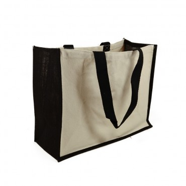 Borsa in juta bicolore con frontale canvas e manici in cotone per ricamo Natutal black