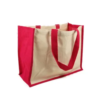 Bolso de yute bicolor con frontal de canvas y asas de algodón para bordado Natural fucsia