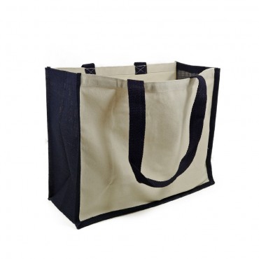 Borsa in juta bicolore con frontale canvas e manici in cotone per ricamo Natural navy