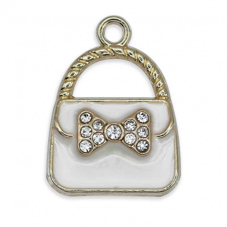 Ciondolo BagChic Bianco, borsetta con fiocco e strass | Tessiland