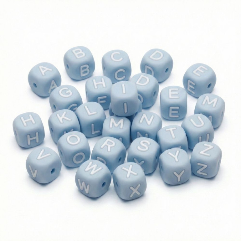 Dado lettera azzurro in silicone per catenelle ciuccio e bijoux